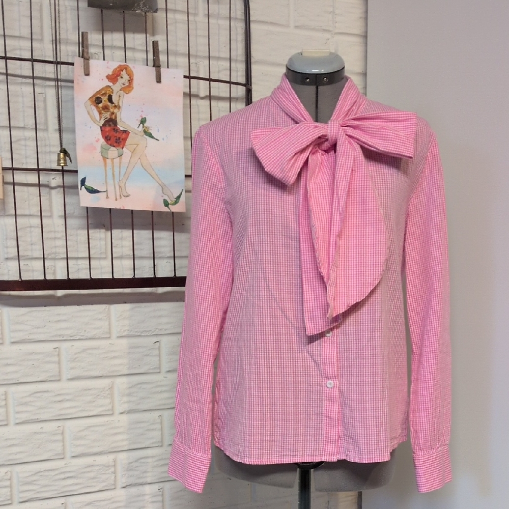 Like New Pink And White Gingham Cotton Secretary Bow Blouse Size Small